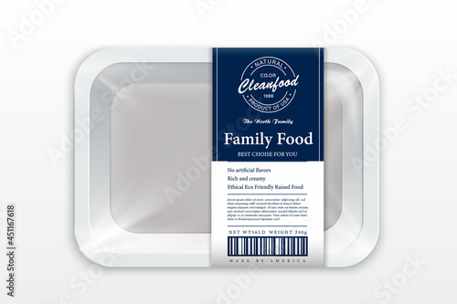 Salmon packaging illustration. White foam tray with plastic film mockup. Modern style fish label