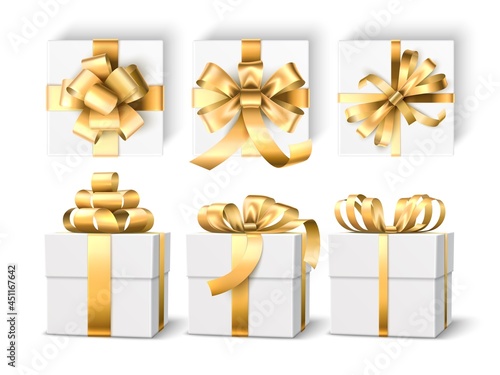 Realistic gift boxes. 3d white holiday packaging mockup, gold ribbons and different bows, gift wrap templates, top and side view. Vector set