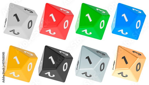 Set of 10 sided die, pentagonal trapezohedron dice, various colors. 3D rendering photo