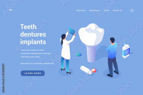 Installation of dental implants. Dentists test new artificial tooth for quality. Modern medical technologies for manufacture of realistic oral prostheses. Vector landing page isometric template