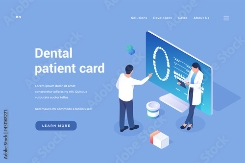 Personal digital card of patient dentistry. Dentists look at clients dental pictures in online document. Protected account with medical health data. Vector home page isometric template
