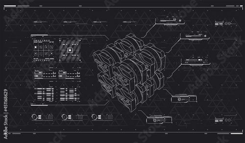 Futuristic VR display. High tech frame. HUD User Interface. Futuristic abstract technology Template. Head up screens for video and games. Cyberpunk Sky-fi illustration. Abstract tech background.