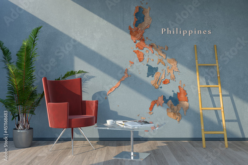 A beautiful three-dimensional wooden map of the Philippine Islands on the wall.