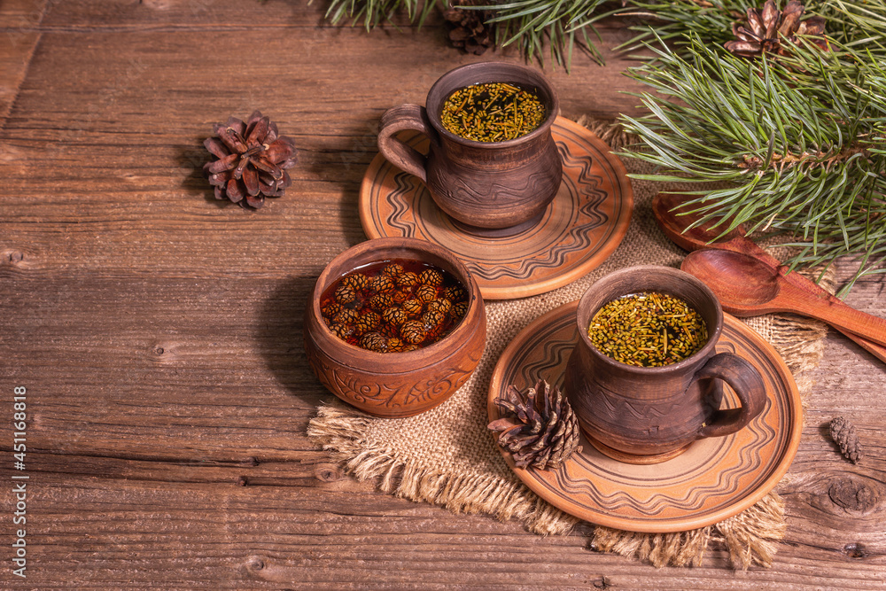 Pine needle tea, sollip-cha, traditional Korean beverage with pine cone jam Pine needle tea, sollip-cha, traditional Korean beverage with pine cone jam