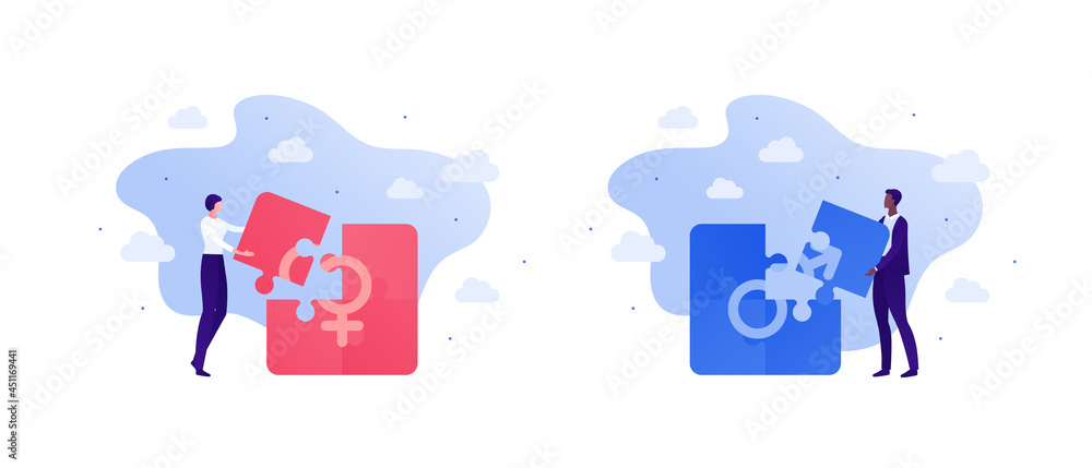 Sex education and gender study concept. Vector flat people illustration set. Male and female hold and connect puzzle piece on sky background isolated on white. Design for education Sex education and gender study concept. Vector flat people illustration set. Male and female hold and connect puzzle piece on sky background isolated on white. Design for education