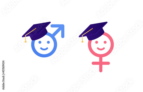 Sex education and gender study concept. Vector flat illustration set. Male and female gender sign with smile in magister hat isolated on white background. Blue and pink color. Design for education