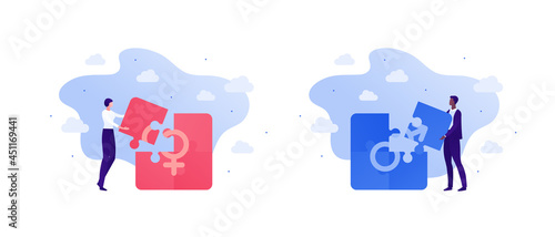 Sex education and gender study concept. Vector flat people illustration set. Male and female hold and connect puzzle piece on sky background isolated on white. Design for education