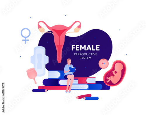 Sex education reproductive system biology class concept. Vector flat illustration. Banner template. Student sitting with book. Pregnancy, contraception, menstruation symbol. Design for education.