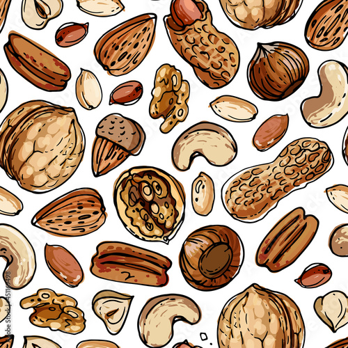 Vector pattern Nuts. Colored sketch of food. Farm peanuts, walnuts, cashews, almonds, hazelnuts