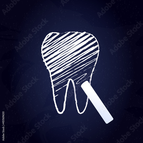 Tooth whitening, cleaning and stomatology concept. Vector healthcare illustration. White teeth and chalk on blackboard background. Design for healthcare, dentistry