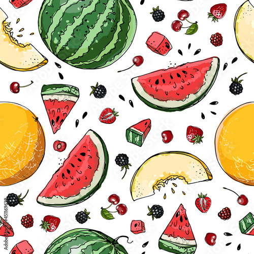 Vector pattern from different fruits. Colored sketch of food. Summer ornament, melon, watermelon, berries.