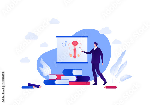Sex education and male reproductive system biology class concept. Vector flat people illustration. Teacher with pointer and anatomical diagram on chart. Gender symbol. Design for education.