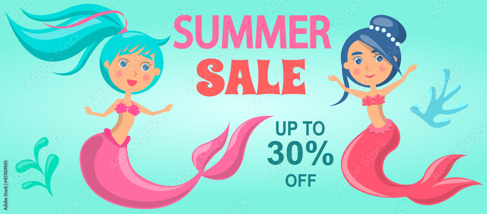 Fototapeta Summer sale with mermaid at sea. Advertising banner with underwater life of sea creature. Nixie on background of ocean with waves and sand with starfish. Seasonal closeout poster, discounts, hot price