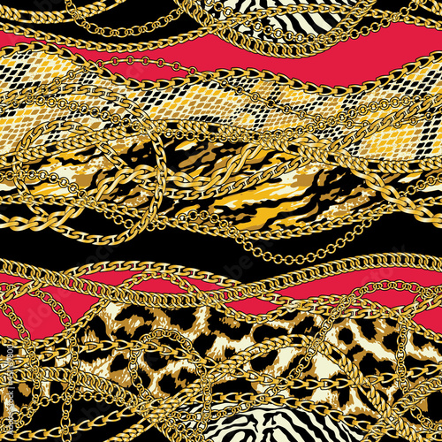 Gold chains with animal fur patchwork abstract vector seamless pattern photo