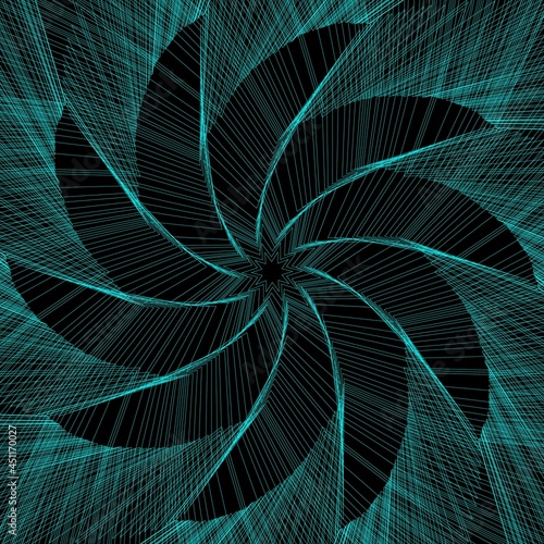 Vector colored spiral. Distorted abstract lines, wireframe tunnel. Spiral propeller. Radial sound wave. Geometric pattern. Swirl lines and waves banner. Geometric line art. Vector illustration.