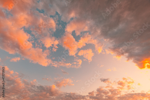 Wide angle view of sunset sunrise sky. Colorful sunset twilight sky, bright sun. Nature sky backgrounds. Idyllic relaxing tranquil freedom concept, looking up, positive energy happiness inspirational
