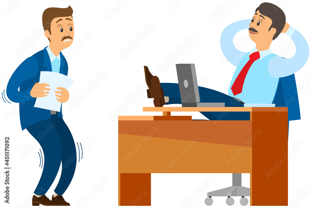 Office worker is afraid of strict boss sitting at table. Stress at work. Subordinate is afraid to submit report to chief. Employee made mistake in document and fears to confess to boss, problems Office worker is afraid of strict boss sitting at table. Stress at work. Subordinate is afraid to submit report to chief. Employee made mistake in document and fears to confess to boss, problems