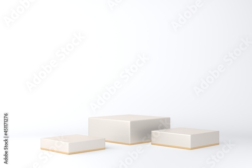 Gold square pedestal or podium on white background for product demonstration.  3D rendering.