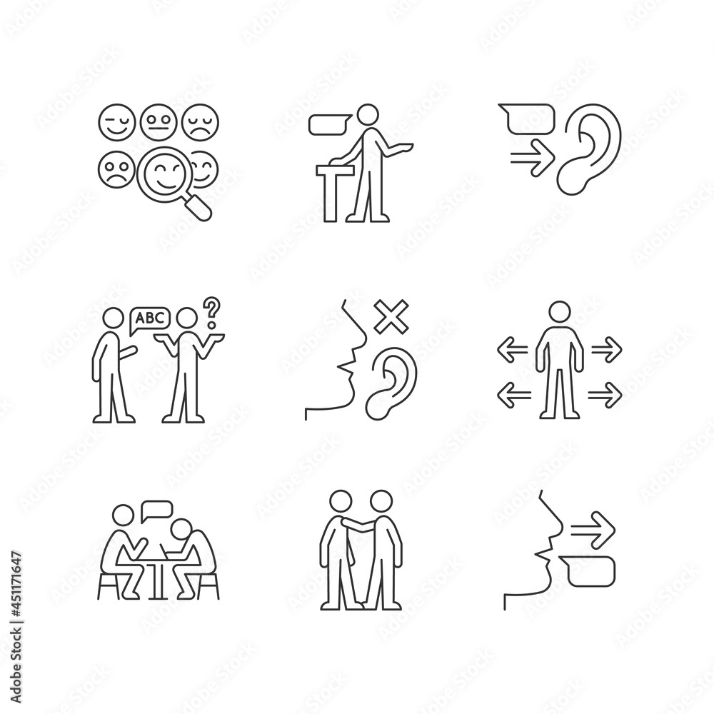 Effective communication linear icons set. Socialization. Assertive speaker. Linguistic barriers. Customizable thin line contour symbols. Isolated vector outline illustrations. Editable stroke