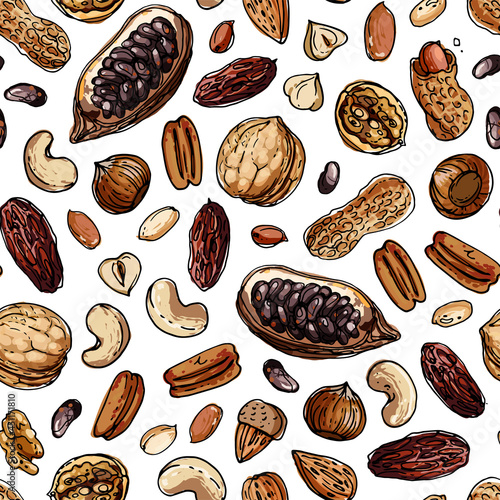 Nuts Seampless pattern vector color food. Walnuts, cocoa, cashews, dates, hazelnuts