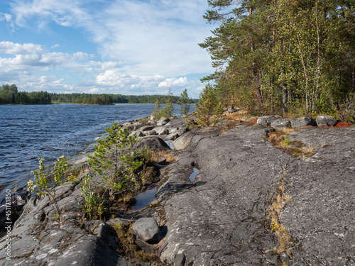 Rocky shore of Lake Ladoga in the Republic of Karelia, northwest Russia