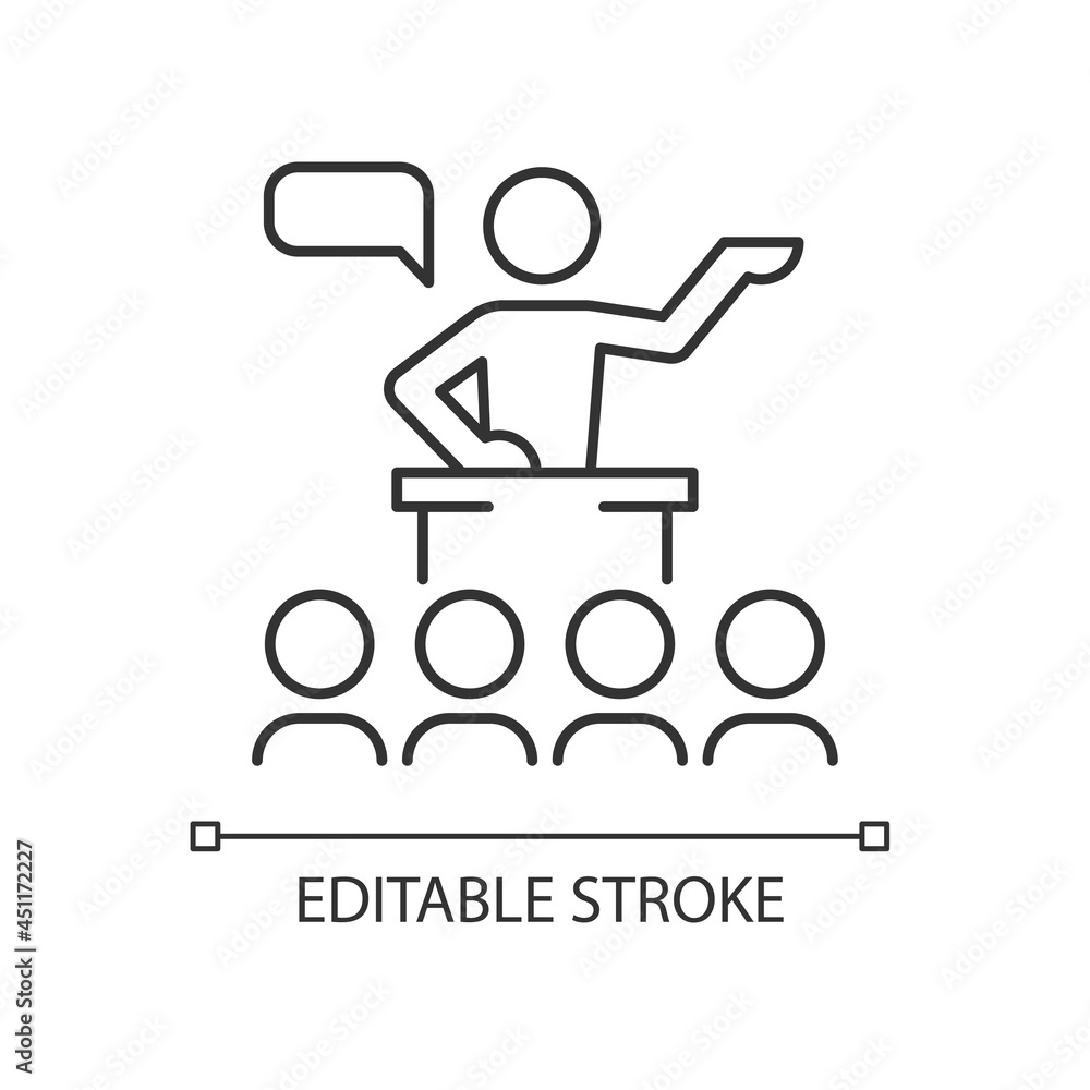 Public communication linear icon. Sharing information to audience. Conferences, seminars. Thin line customizable illustration. Contour symbol. Vector isolated outline drawing. Editable stroke