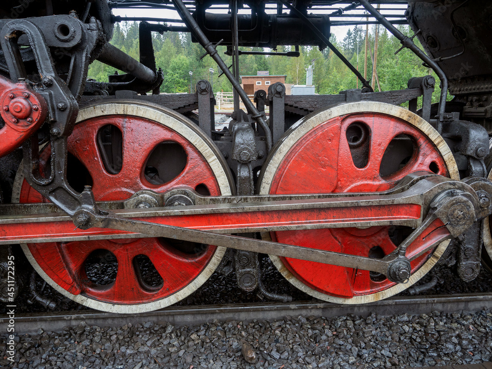 Wheels and mechanisms of a steam locomotive at the Ruskeala station in Karelia