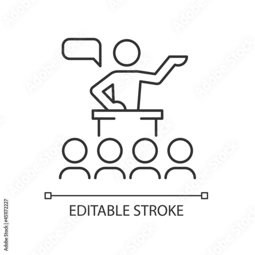 Public communication linear icon. Sharing information to audience. Conferences, seminars. Thin line customizable illustration. Contour symbol. Vector isolated outline drawing. Editable stroke