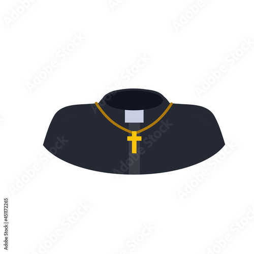Catholic priest or preacher with gold cross on chain. Symbol of religion and church. Black Church clothes. Shirt with collar. Flat cartoon illustration