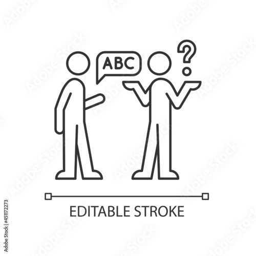 Language barriers linear icon. Breakdown in communication. Speaking different languages, dialects. Thin line customizable illustration. Contour symbol. Vector isolated outline drawing. Editable stroke
