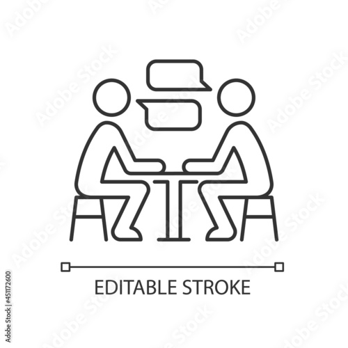 Interpersonal communication linear icon. Exchanging ideas and feelings. Speaking face to face. Thin line customizable illustration. Contour symbol. Vector isolated outline drawing. Editable stroke