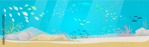 Underwater ocean fauna with exotic fishes. Ocean bottom with marine life reprsentatives. Marine underwater world with school of tropical fish. Seascape, undersea landscape vector illustration