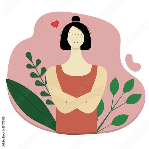 Vector illustration. Cute Asian girl loves and hugs herself.