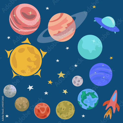 Vector set of colorful planets in Solar System, Moon, Sun, flying saucer, rocket and stars isolated on blue background. The planets are arranged in ascending order. Jupiter, Saturn, Uranus, Neptune.