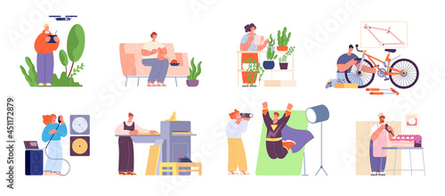 Hobby characters collection. Creative people, woman planting, singing and knitting. Man cooking cake, boy using flying drone utter vector scenes