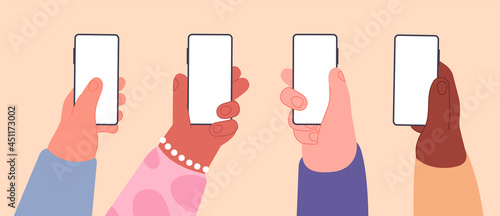 Hands with empty phones. Smartphone with blank screen in human hand. Flat network or social media, mobile device for marketing utter vector banner