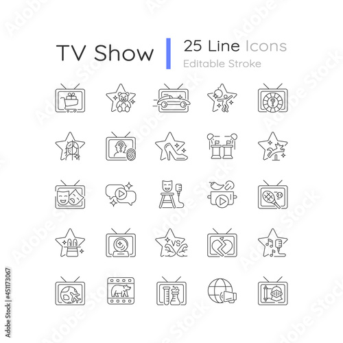 TV show linear icons set. Television entertainment. Media fun series. Reality shows and documentary programs. Customizable thin line symbols. Isolated vector outline illustrations. Editable stroke