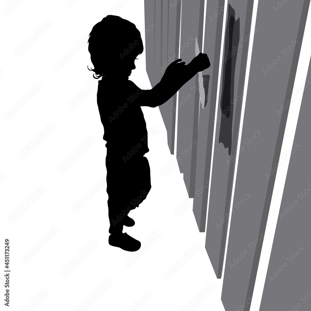 Vector black silhouette of a cute five year old baby, boy stand sideways, face in profile. A little man paints with a paint brush on the gray fence. Isolated on white background.