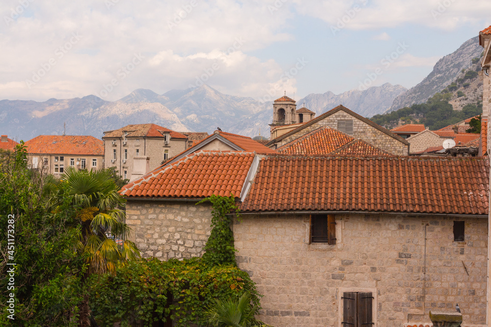 View of the city of Kotor from a high point on a sunny summer day. Montenegro 