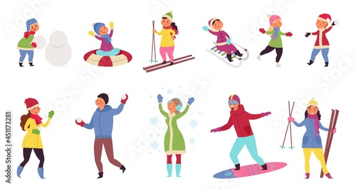 Winter people. Single child walking  enjoying christmas. Season children and adult snow playing. Fun holiday vacations decent vector characters