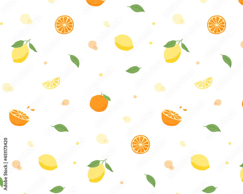 レモンとオレンジのシームレスパターン 背景 模様 フルーツ 果物 イラスト かわいい 壁紙 シトラス Stock Vector Adobe Stock