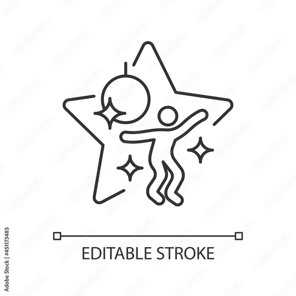 Dance competition show linear icon. Dancer star performance. Night club event. Club music. Thin line customizable illustration. Contour symbol. Vector isolated outline drawing. Editable stroke Dance competition show linear icon. Dancer star performance. Night club event. Club music. Thin line customizable illustration. Contour symbol. Vector isolated outline drawing. Editable stroke