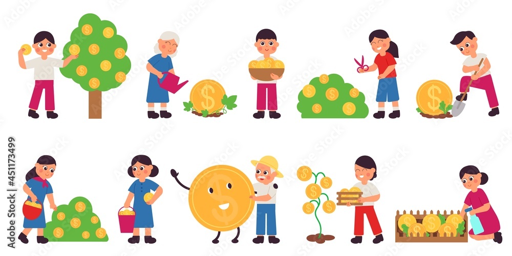 People grow money. Investment businessman, person planting currency. Gold coin harvest, cash tree profit. Success deal decent vector metaphor People grow money. Investment businessman, person planting currency. Gold coin harvest, cash tree profit. Success deal decent vector metaphor