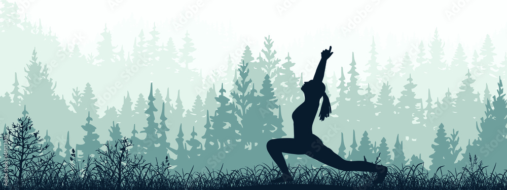 Horizontal banner. Silhouette of girl practicing yoga on meadow in forrest. Yoga sun salutation. Healthy lifestyle, trees, grass. Magical misty landscape, fog. Blue, gray illustration.  - obrazy, fototapety, plakaty 