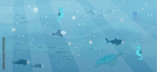 Underwater ocean fauna with fishes, seaweed, sea horses, mantas, turtles. Ocean bottom with marine life reprsentatives. Marine underwater world. Sea, seascape, seafloor, undersea vector illustration