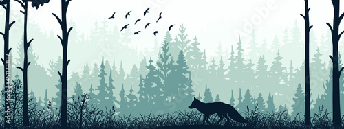 Horizontal banner. Silhouette of fox standing on meadow in forrest. Silhouette of animal, trees, grass. Magical misty landscape, fog. Blue and gray illustration. Bookmark.