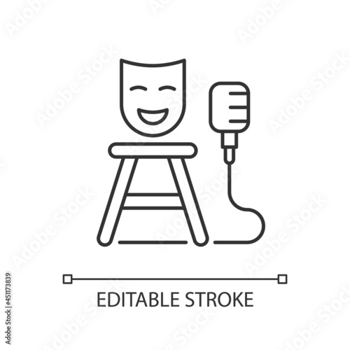 Stand up show linear icon. Comedic performance. Concert with jokes. Stage show for open mic. Thin line customizable illustration. Contour symbol. Vector isolated outline drawing. Editable stroke
