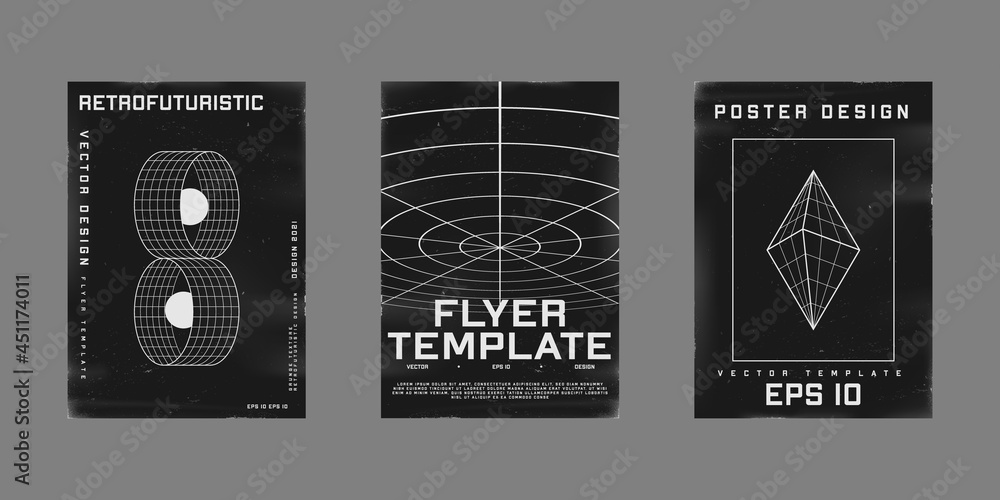 Set of retrofuturistic design posters. Cyberpunk 80s style posters with circle portals, perspective polar grids, and bipyramid. Shabby scratched flyer template for your design. Vector
