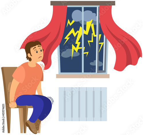 Terrified man shocked by thunder and lightning. Guy frightened by thunderstorm. Person suffers from astraphobia. Fear of rain, phobia, horror. Male character looks at rainy weather outside window