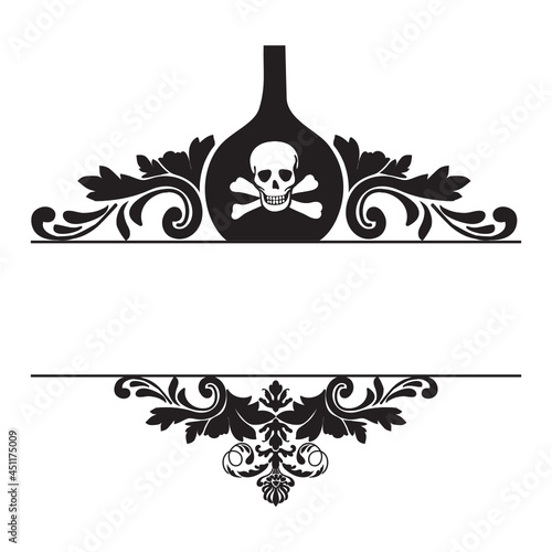pirates bar. vintage skull, wine bottle and leaves